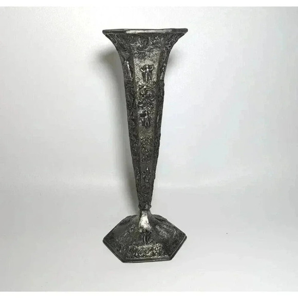 Antique Fine Dutch Silver Finish Vase JSW Repousse Windmills Sailboats Tapered - Picture 1 of 9